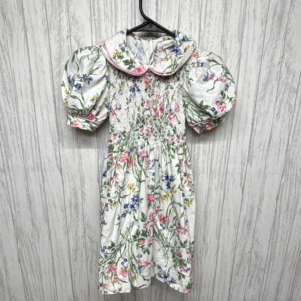 Polly Flinders Girls Size 6 White Floral Smocked Peter Pan Puff Sleeve Dress